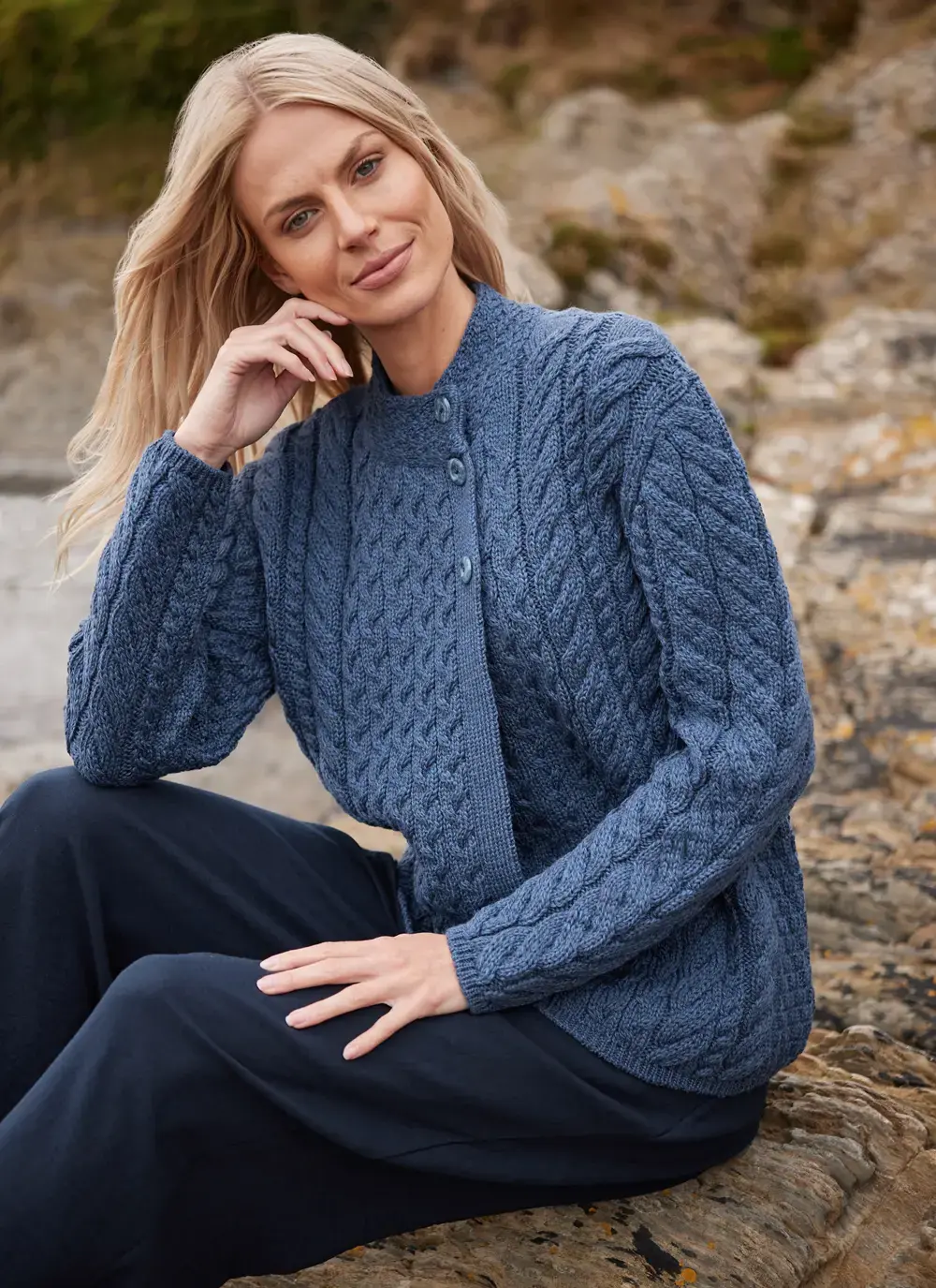 Personalized Erin Button Neck Cardigan in Blue Melange